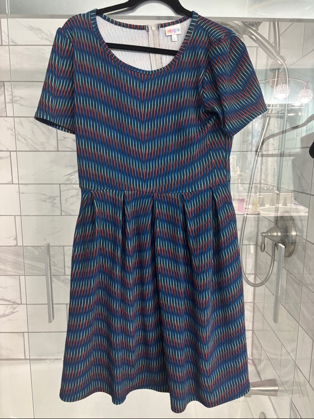 LuLaRoe Amelia Blue Teal and Pink Chevron Fit-and-Flare Dress